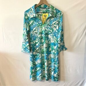 NWT Banana Boat Sun Dress Tropical Tunic UPF 50+ Blue White Pockets